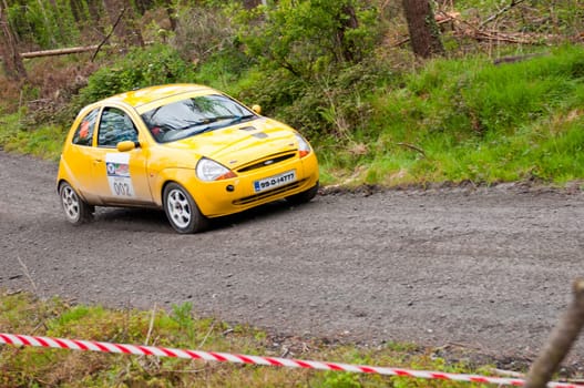 MALLOW, IRELAND - MAY 19: unidentified driver on Ford Ka at the Jim Walsh Cork Forest Rally on May 19, 2012 in Mallow, Ireland. 4th round of the Valvoline National Forest Rally Championship.