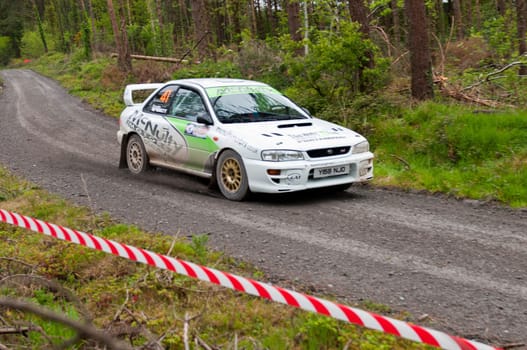 MALLOW, IRELAND - MAY 19: E. Mcnulty driving Subaru Impreza at the Jim Walsh Cork Forest Rally on May 19, 2012 in Mallow, Ireland. 4th round of the Valvoline National Forest Rally Championship.