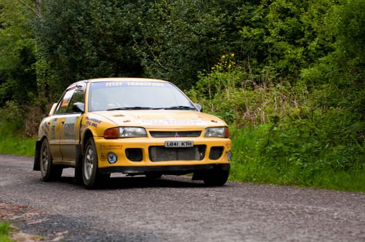 MALLOW, IRELAND - MAY 19: M. O&#039  Connor driving Mitsubishi Evo at the Jim Walsh Cork Forest Rally on May 19, 2012 in Mallow, Ireland. 4th round of the Valvoline National Forest Rally Championship.