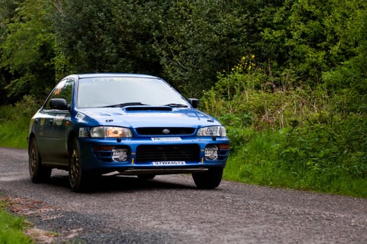 MALLOW, IRELAND - MAY 19: D. Creedon driving Subaru Impreza at the Jim Walsh Cork Forest Rally on May 19, 2012 in Mallow, Ireland. 4th round of the Valvoline National Forest Rally Championship.