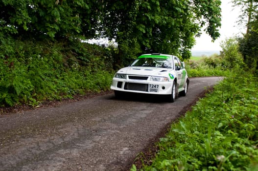 MALLOW, IRELAND - MAY 19: J. Laverty driving Mitsubishi Evo at the Jim Walsh Cork Forest Rally on May 19, 2012 in Mallow, Ireland. 4th round of the Valvoline National Forest Rally Championship.
