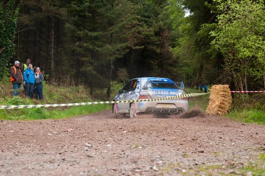 MALLOW, IRELAND - MAY 19: V. Mcaree driving Mitsubishi Evo at the Jim Walsh Cork Forest Rally on May 19, 2012 in Mallow, Ireland. 4th round of the Valvoline National Forest Rally Championship.