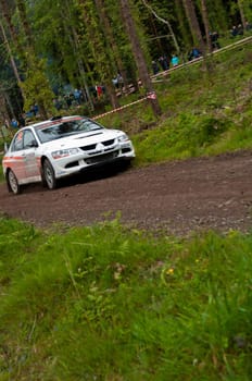 MALLOW, IRELAND - MAY 19: G. Lucey driving Mitsubishi Evo at the Jim Walsh Cork Forest Rally on May 19, 2012 in Mallow, Ireland. 4th round of the Valvoline National Forest Rally Championship.