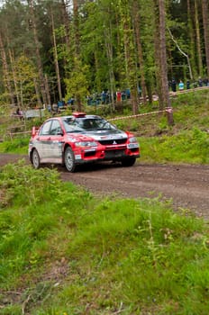 MALLOW, IRELAND - MAY 19: Stage Winner O. Murphy driving Mitsubishi Evo at the Jim Walsh Cork Forest Rally on May 19, 2012 in Mallow, Ireland. 4th round of the Valvoline Forest Rally Championship.
