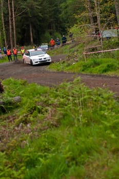 MALLOW, IRELAND - MAY 19: G. Lucey driving Mitsubishi Evo at the Jim Walsh Cork Forest Rally on May 19, 2012 in Mallow, Ireland. 4th round of the Valvoline National Forest Rally Championship.