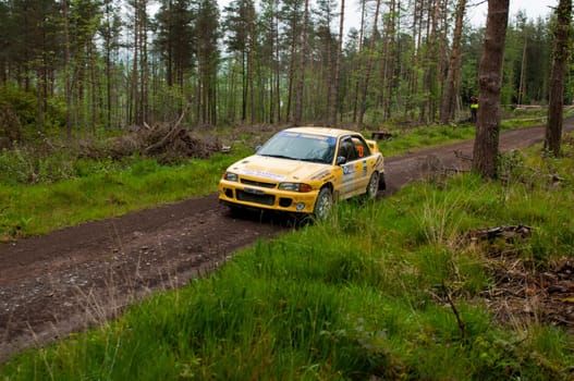 MALLOW, IRELAND - MAY 19: M. O&#039  Connor driving Mitsubishi Evo at the Jim Walsh Cork Forest Rally on May 19, 2012 in Mallow, Ireland. 4th round of the Valvoline National Forest Rally Championship.