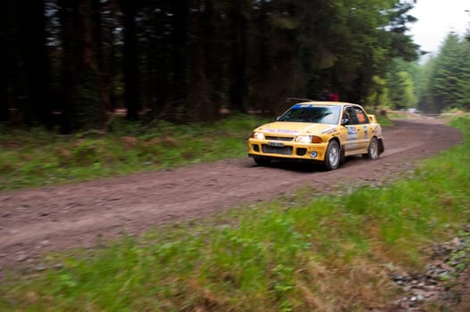 MALLOW, IRELAND - MAY 19: M. O&#039  Connor driving Mitsubishi Evo at the Jim Walsh Cork Forest Rally on May 19, 2012 in Mallow, Ireland. 4th round of the Valvoline National Forest Rally Championship.