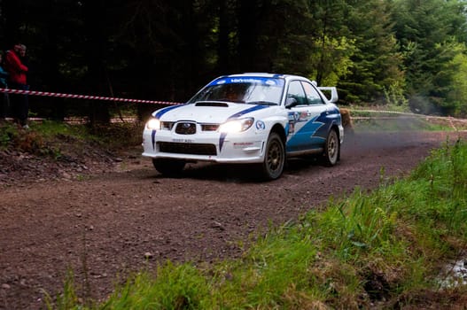 MALLOW, IRELAND - MAY 19: S. Cullen driving Subaru Impreza at the Jim Walsh Cork Forest Rally on May 19, 2012 in Mallow, Ireland. 4th round of the Valvoline National Forest Rally Championship.