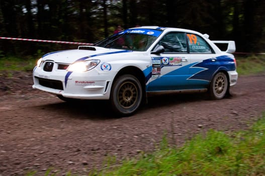 MALLOW, IRELAND - MAY 19: S. Cullen driving Subaru Impreza at the Jim Walsh Cork Forest Rally on May 19, 2012 in Mallow, Ireland. 4th round of the Valvoline National Forest Rally Championship.