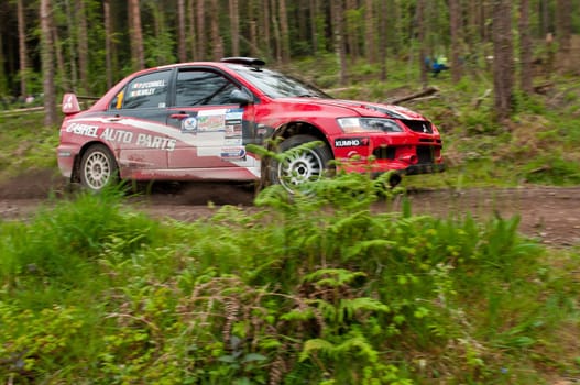 MALLOW, IRELAND - MAY 19: P. O&#039  Connell driving Mitsubishi Evo at the Jim Walsh Cork Forest Rally on May 19, 2012 in Mallow, Ireland. 4th round of the Valvoline National Forest Rally Championship.
