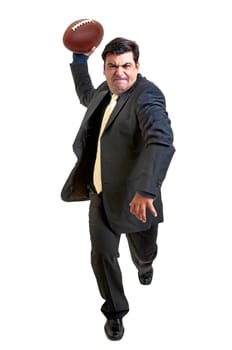 Businessman playing rugby isolated in white