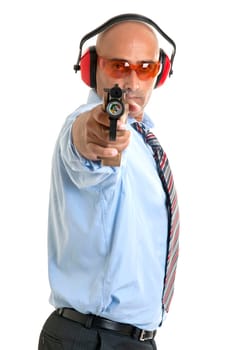 Businessman with compressed air gun