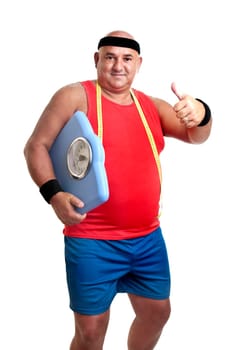 Large fitness man with weight scale isolated in white