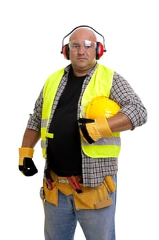 Plump construction worker isolated in white