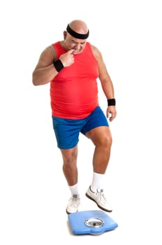 Large fitness man with weight scale isolated in white
