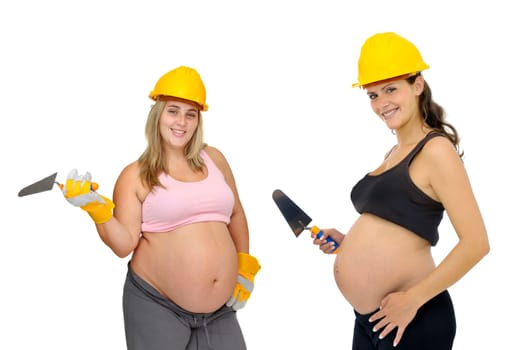 Pregnant women with construction helmet isolated in white