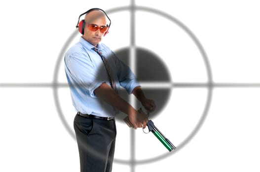 Businessman with compressed air gun