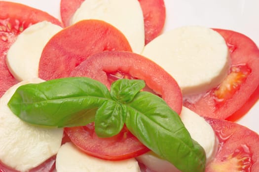 Salad of mozzarella, tomato, which is decorated with basil leaves on a plate.