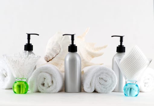Various professional spa products arranged on a white background
