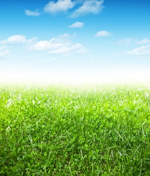 Green grass and blue sky with clouds, spring background