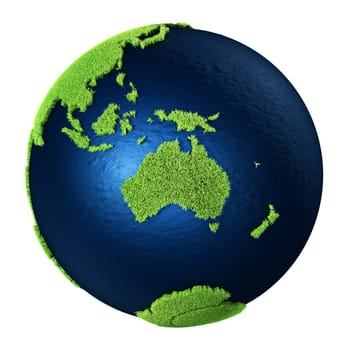 Grass Earth with blue oceans isolated on white background. Australia. 3d render