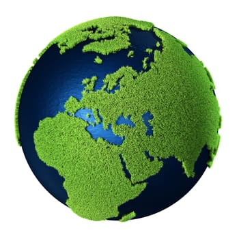 Grass Earth with blue oceans isolated on white background. Europe. 3d render