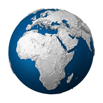 Artificial Earth - Africa. White lands and blue oceans. Detailed surface. 3d render