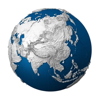 Artificial Earth - Asia. White lands and blue oceans. Detailed surface. 3d render