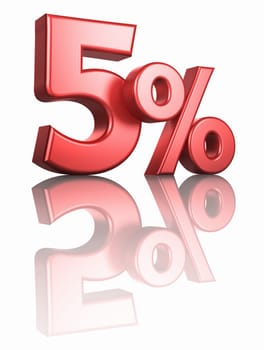 Glossy red five percent on white background with mirror floor, 3d render 5%