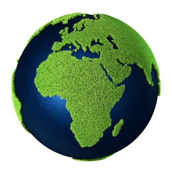 Grass Earth with blue oceans isolated on white background. Africa. 3d render