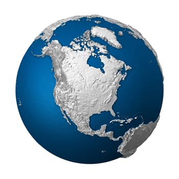 Artificial Earth - North America. White lands and blue oceans. Detailed surface. 3d render