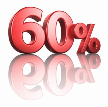 Glossy red sixty percent on white background with mirror floor, 3d render 60%