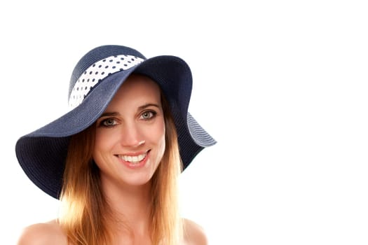 Portrait of a woman with summer hat against white background