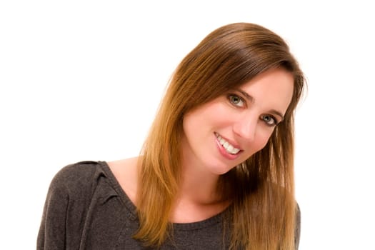 Portrait of a smiling woman against a white background