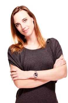 Woman with crossed arms against white background