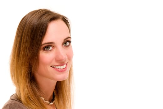 Portrait of a happy woman against a white background