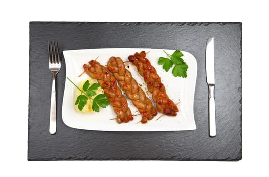 Bratwurst - fried sausage with mashed potatoes - top view