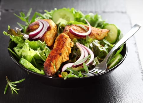 Salad with marinated Indian chicken breast stripes