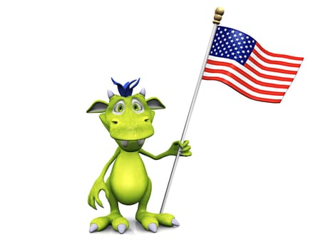 A cute friendly cartoon monster holding an American flag in his hand, celebrating 4th of July maybe. The monster is green with blue hair. White background.