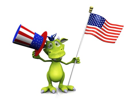 A cute cartoon monster holding an American flag in one hand and a flag decorated hat in the other. He is celebrating 4th of July or Independence Day. The monster is green with blue hair. White background.