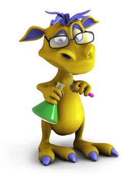 A cute cartoon monster wearing glasses and doing an experiment. He is pouring liquid from a test tube into a beaker. White background.