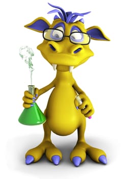 A cute cartoon monster wearing glasses and doing an experiment. He is holding a beaker with smoke coming out from it. White background.