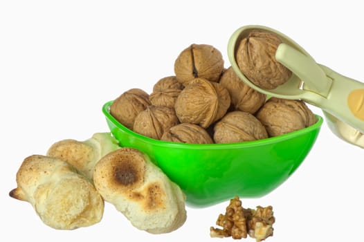 yucca bread and nuts on white background