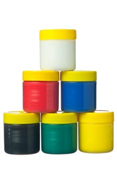 cans of water colors in the six primary colors on white background