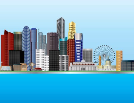 Singapore City by the Mouth of Singapore River Skyline Illustration