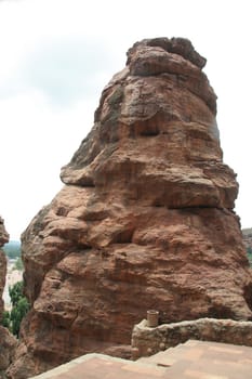 Rock shaped like monster on way to cave temples at Badami, Karnataka, India, Asia