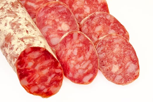 white salami sausage on white background