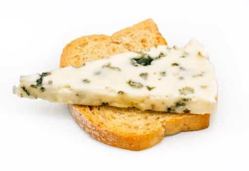 Wheat toast with pear laminate, blue cheese and tomato