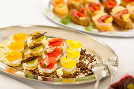 Appetizers mini desserts on catering buffet white tablecloth