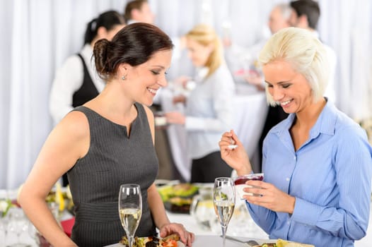 Business meeting buffet smiling woman eat dessert formal company event